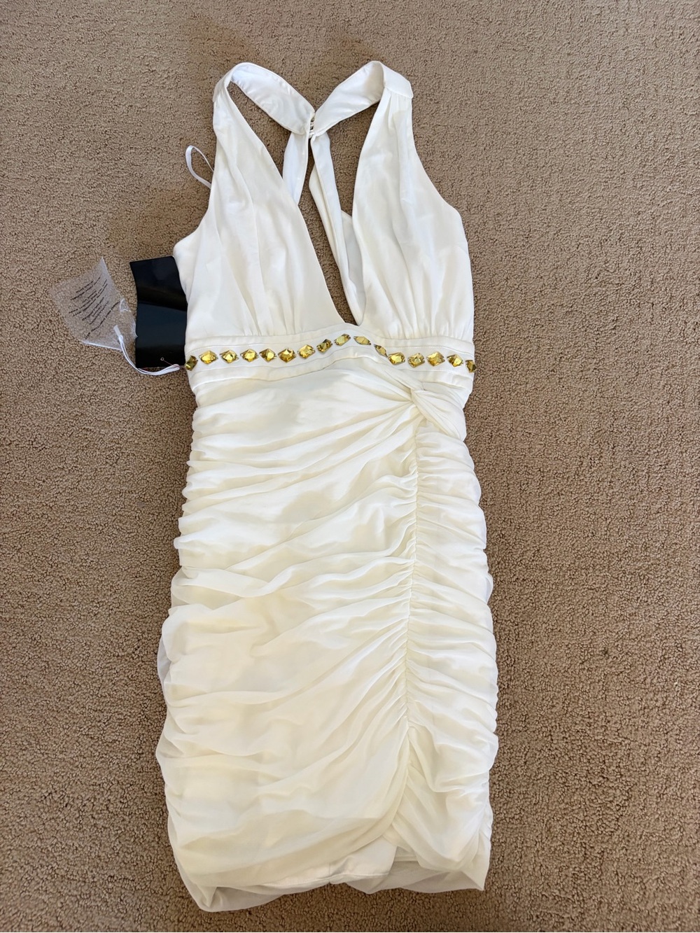 Bebe White Ruched Halter Dress with Gold Accent